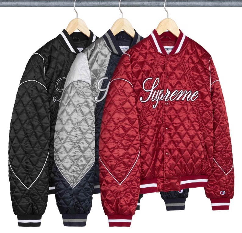 Three quilted jackets in black, gray, and red with "Supreme" branding displayed prominently.