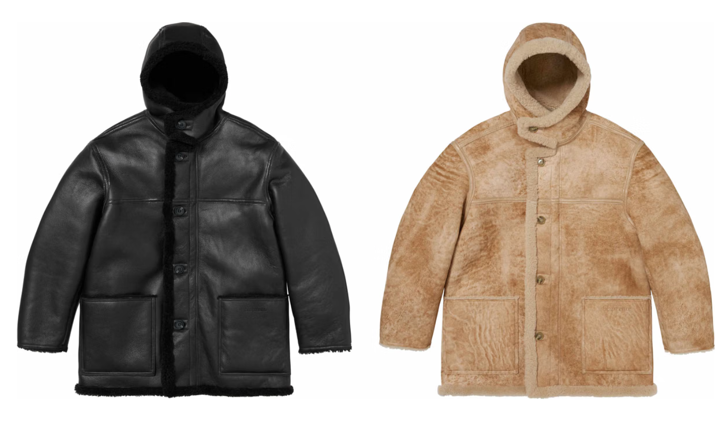Two hooded jackets, one black leather and one tan faux fur.