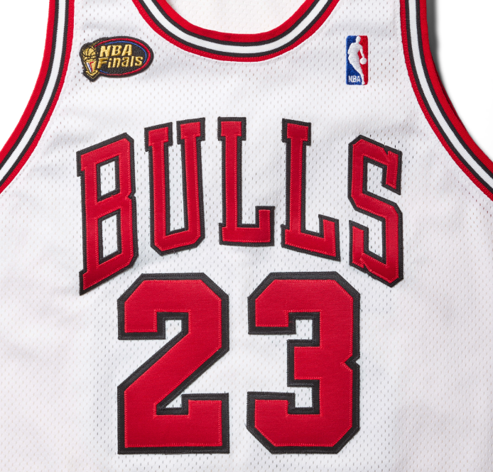 A white basketball jersey with the text "BULLS 23" and the NBA Finals logo.
