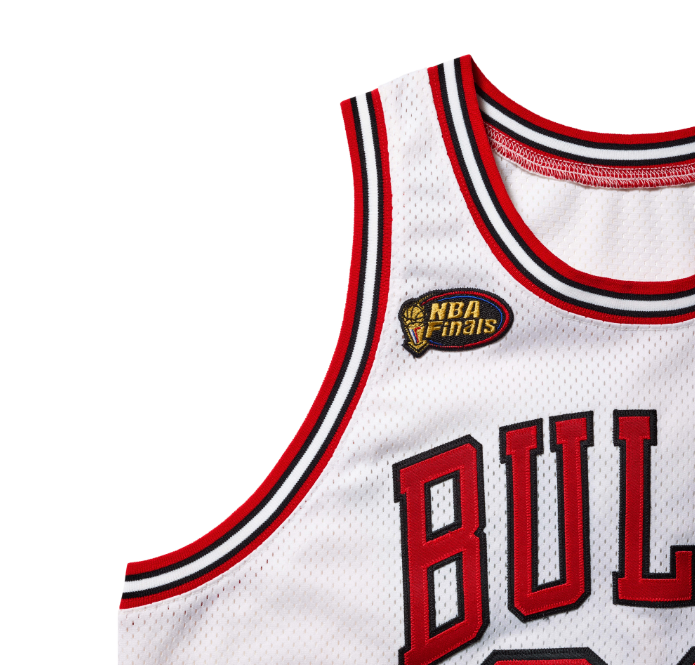 A white basketball jersey with red and black stripes, featuring the text "BULLS" and the NBA Finals logo.