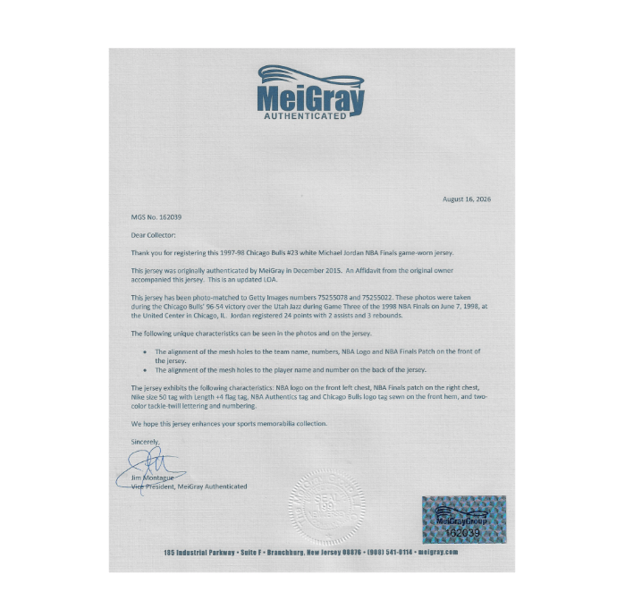 A letter from Meigray Authenticated authenticating a 1997-98 Chicago Bulls #23 jersey worn by Michael Jordan during the 1998 NBA Finals.