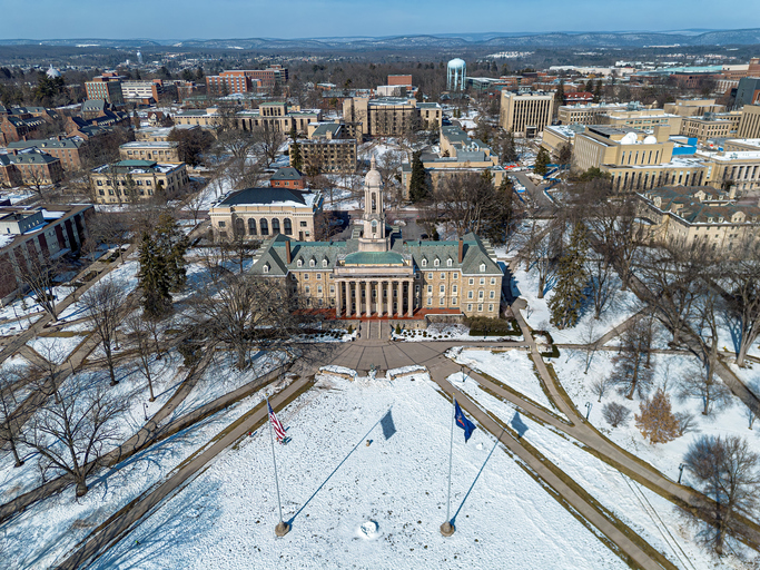 Aerial view of the campus of Pennsylvania State University in winter