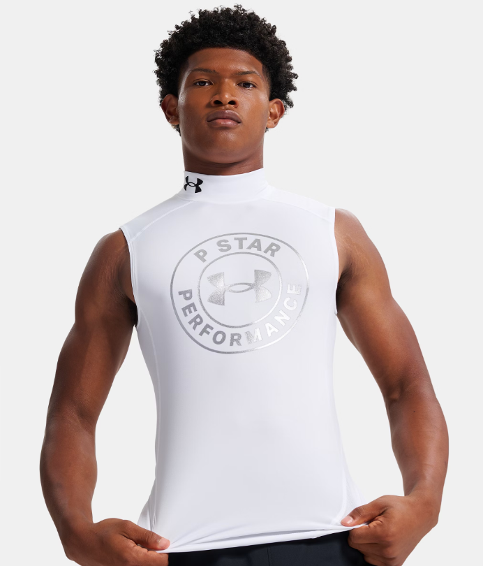 A young Black man wearing a white sleeveless shirt with the "P STAR PERFORMANCE" logo.