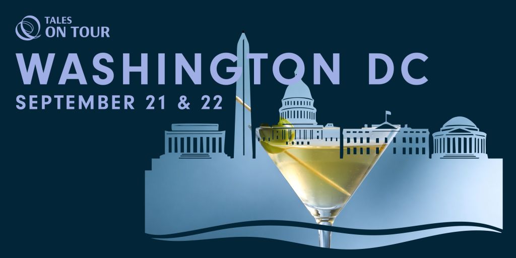 Washington DC skyline with Capitol building, Washington Monument, and other landmarks, along with a cocktail glass in the foreground.