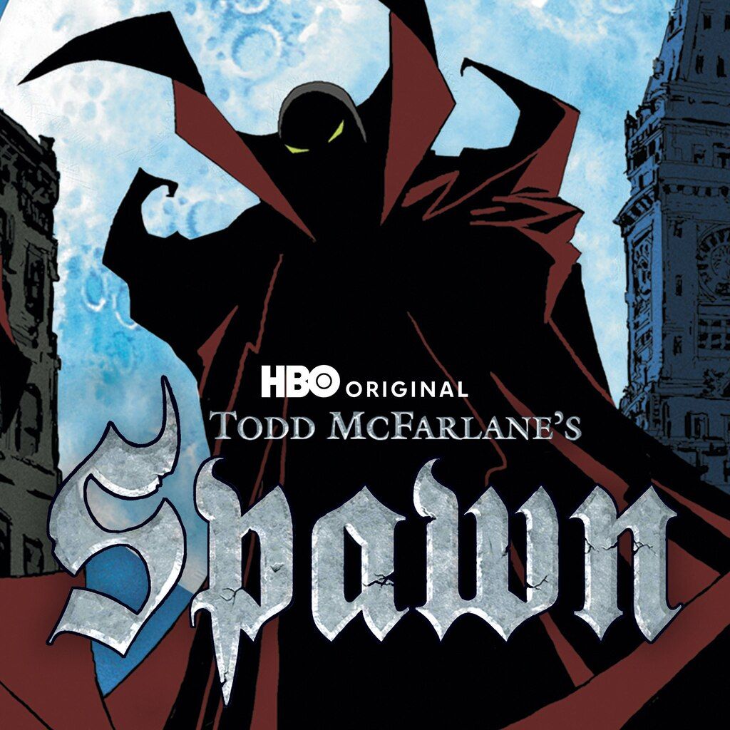 A dark, shadowy figure with glowing eyes and a red cape stands against a cloudy, starry sky, with the HBO Original and Todd McFarlane's Spawn logos visible.
