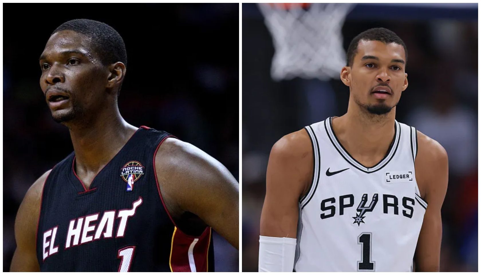 Two basketball players in action, one wearing a Miami Heat jersey and the other a San Antonio Spurs jersey.