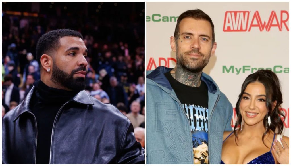 A man with a beard wearing a black jacket, and a man with tattoos and a beard wearing a denim jacket and a black shirt posing with a smiling woman in a blue dress at an awards event.