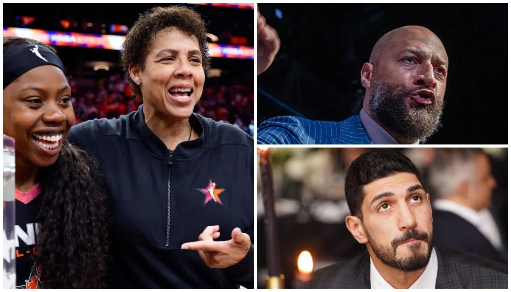 A collage of four images: a smiling woman in a black jacket, a bearded man in a blue suit, and two men with facial hair in formal attire.