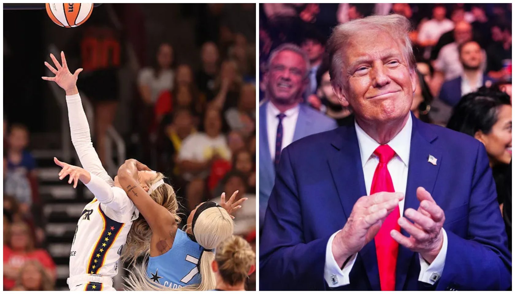 A basketball player jumping to shoot a ball, and a smiling man in a suit and red tie, likely a public figure, applauding.