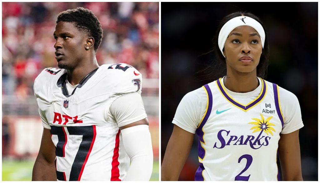Two athletes in sports uniforms, one a football player in a white jersey with the number 97, the other a basketball player in a white jersey with the number 2 and the team name "Sparks".