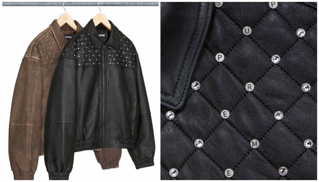 Two leather jackets with studded designs hanging on a rack, one brown and one black.