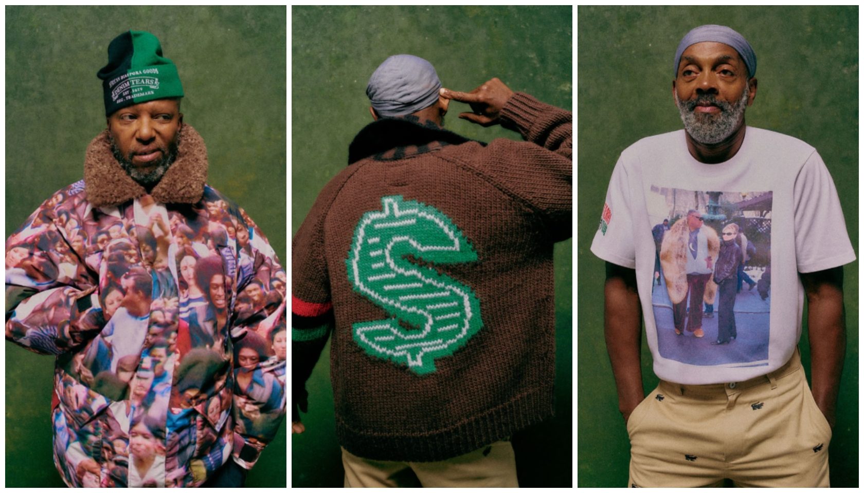 Three men wearing clothing with graphics and text, including a green hat, a sweater with a dollar sign, and a t-shirt with a photo.