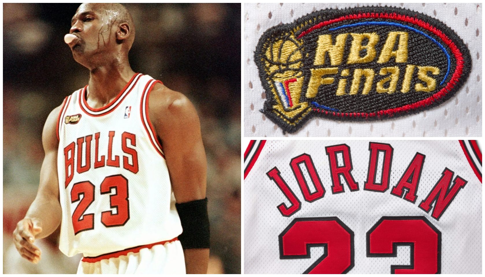 A basketball player wearing a Chicago Bulls jersey with the number 23, and a close-up of the NBA Finals logo on a jersey.