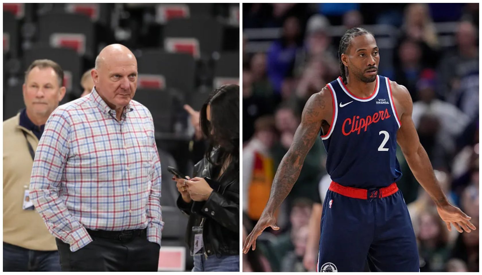 A bald older man in a plaid shirt and a basketball player in a Clippers jersey standing on a basketball court.