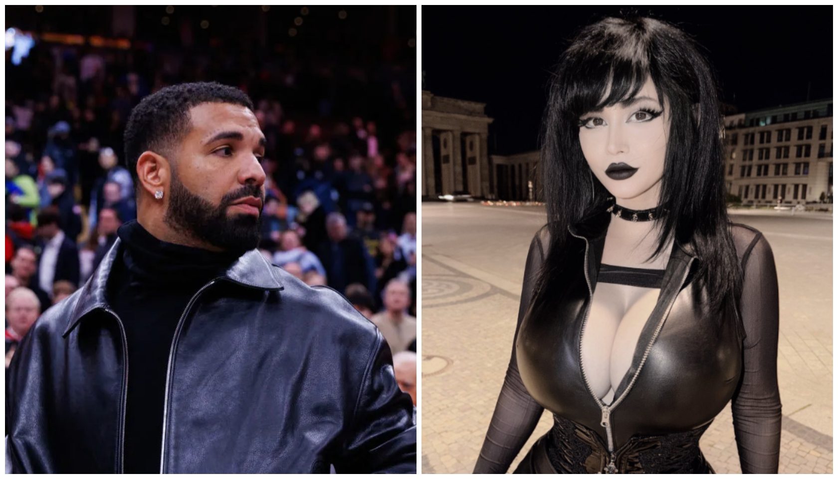 A man with a beard wearing a black jacket stands in a crowd. A woman with dark hair and dark makeup poses in a black leather outfit on a city street at night.