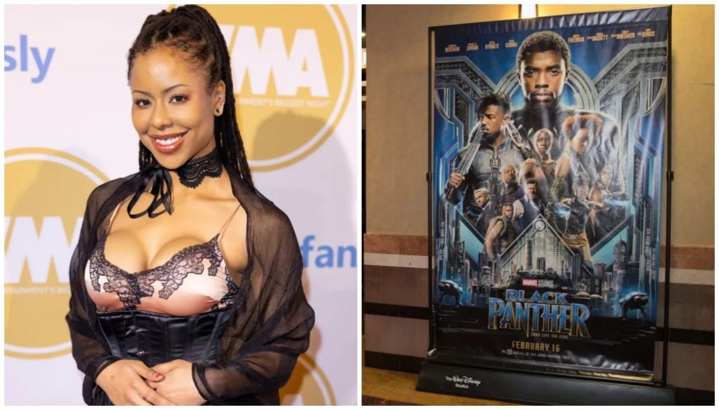 A woman in a revealing black outfit with braided hair stands on a red carpet. Next to her is a movie poster for the film "Black Panther" featuring a group of Black superheroes.