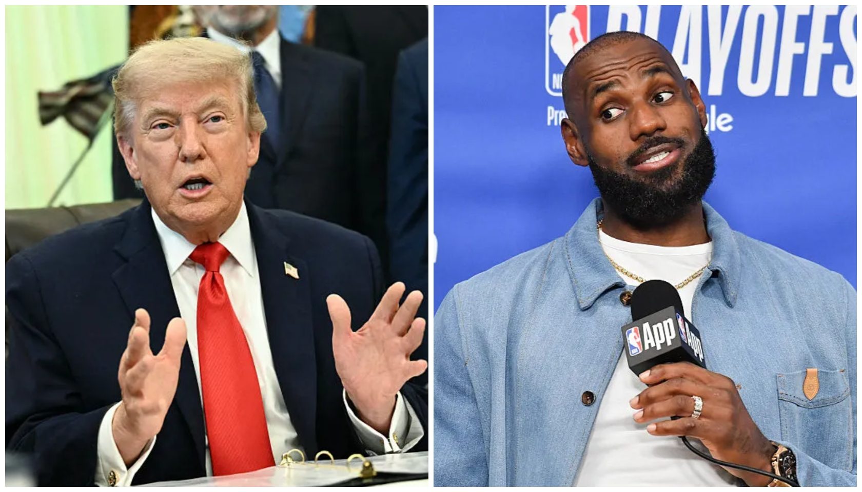 Former U.S. President Donald Trump gesturing while speaking, alongside NBA player LeBron James being interviewed on camera.
