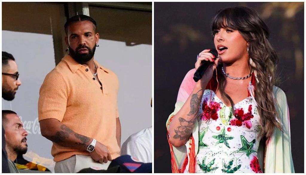 A man with a beard wearing a beige shirt stands in a room. A woman with long dark hair wearing a floral dress sings into a microphone on stage.