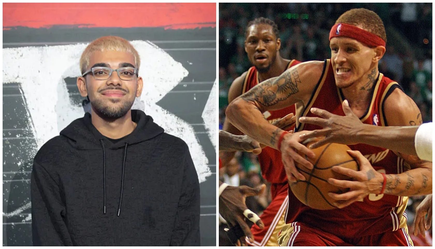 A man with glasses and a beard wearing a black hoodie, and two basketball players in red jerseys competing for the ball on a basketball court.