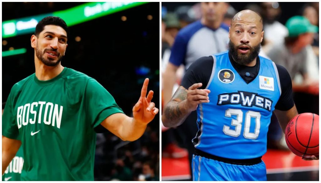 Two basketball players, one wearing a green Boston jersey and making a peace sign, the other wearing a blue Power jersey and holding a basketball.